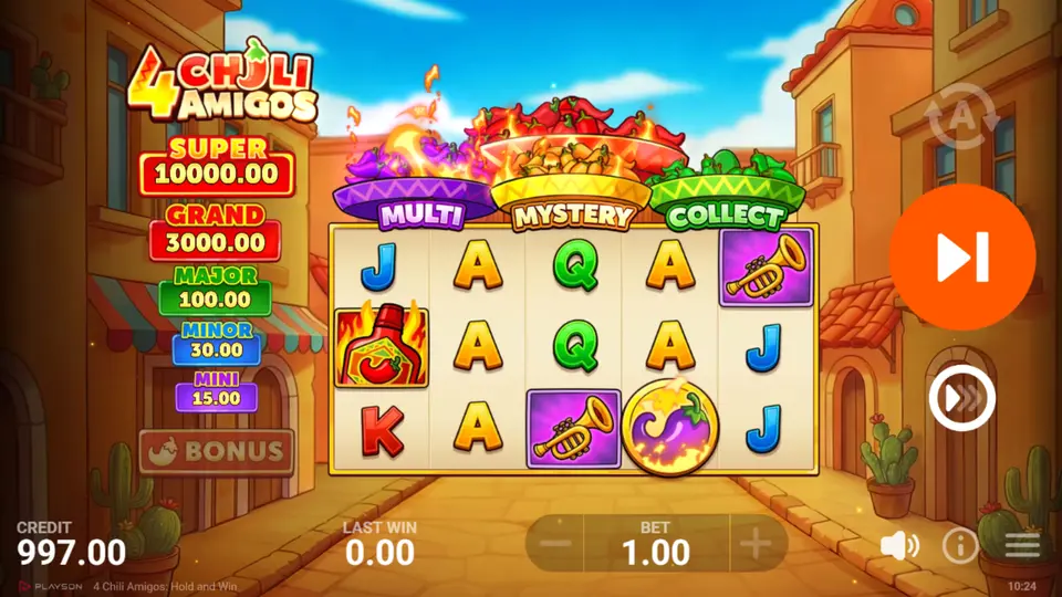 Hold and Win bonus grid with violet, yellow and green Chili Bonus symbols active