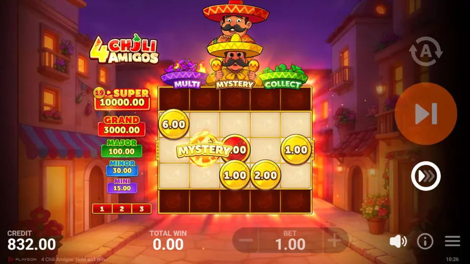 Standard Bonus Game in 4 Chili Amigos showing regular Bonus symbol values on the grid