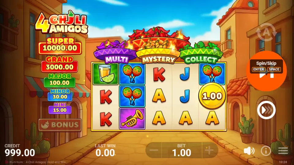 4 Chili Amigos base game showing hot sauce, maracas and trumpet symbols on a 5x3 grid