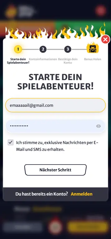 Casino sign-up screen before playing 4 Chili Amigos